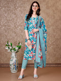 Floral Printed Cotton Kurta With Pant & Dupatta, Blue - Hiral Fashion | Grocsy