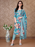 Floral Printed Cotton Kurta With Pant & Dupatta, Blue - Hiral Fashion | Grocsy