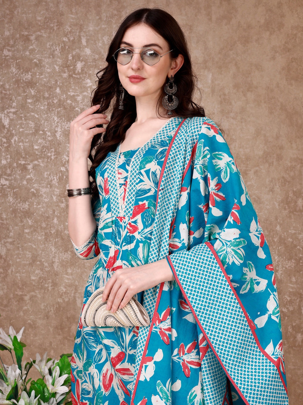 Floral Printed Cotton Kurta With Pant & Dupatta, Blue - Hiral Fashion | Grocsy