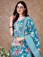 Floral Printed Cotton Kurta With Pant & Dupatta, Blue - Hiral Fashion | Grocsy