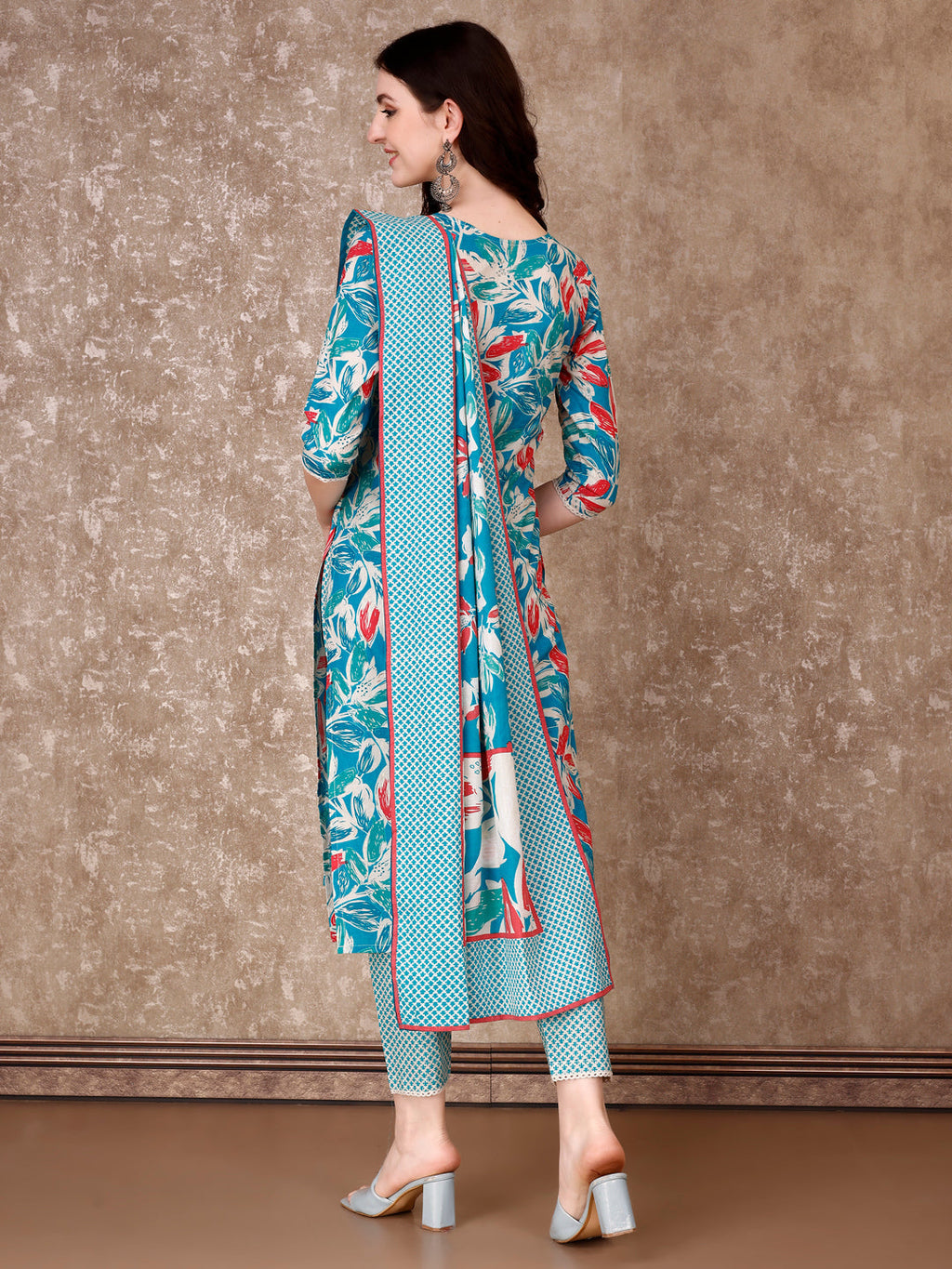 Floral Printed Cotton Kurta With Pant & Dupatta, Blue - Hiral Fashion | Grocsy