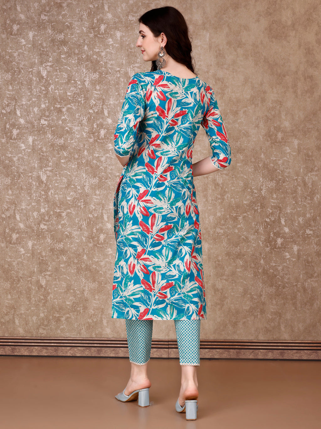 Floral Printed Cotton Kurta With Pant & Dupatta, Blue - Hiral Fashion | Grocsy