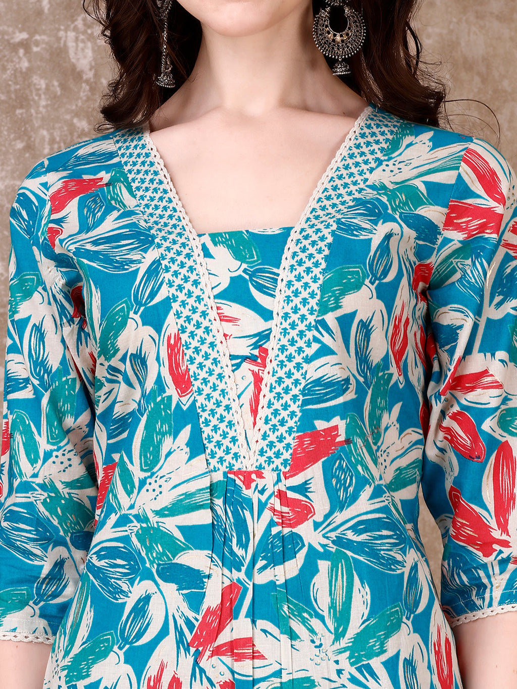 Floral Printed Cotton Kurta With Pant & Dupatta, Blue - Hiral Fashion | Grocsy