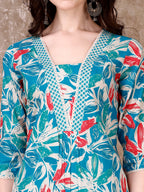 Floral Printed Cotton Kurta With Pant & Dupatta, Blue - Hiral Fashion | Grocsy