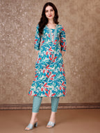Floral Printed Cotton Kurta With Pant & Dupatta, Blue - Hiral Fashion | Grocsy