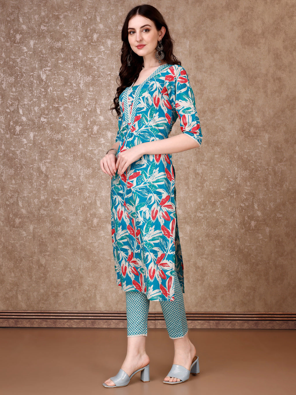 Floral Printed Cotton Kurta With Pant & Dupatta, Blue - Hiral Fashion | Grocsy