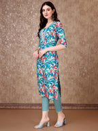 Floral Printed Cotton Kurta With Pant & Dupatta, Blue - Hiral Fashion | Grocsy