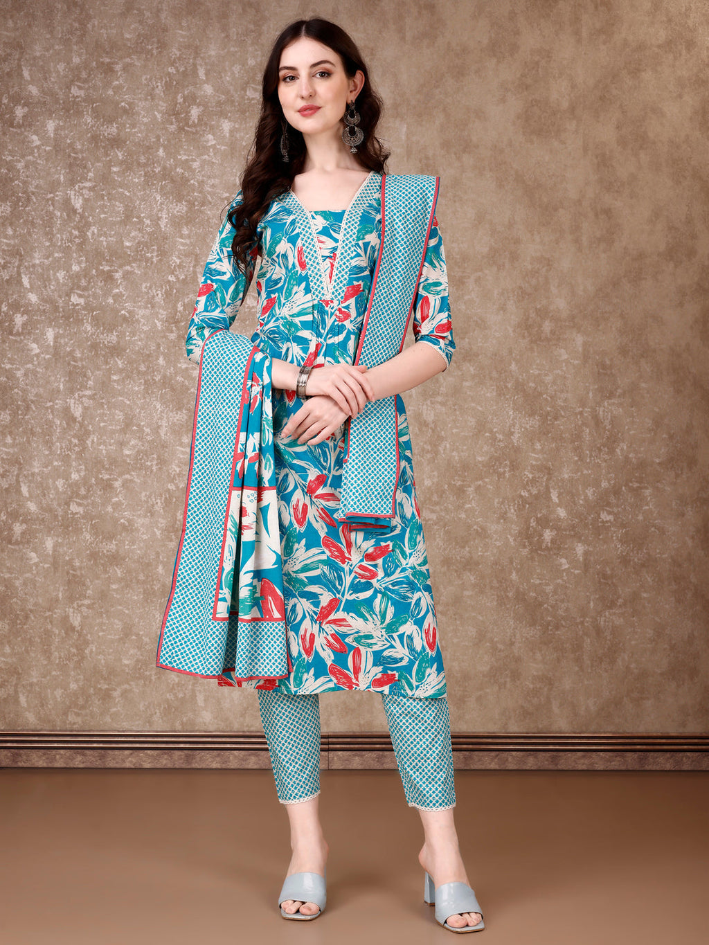 Floral Printed Cotton Kurta With Pant & Dupatta, Blue - Hiral Fashion | Grocsy