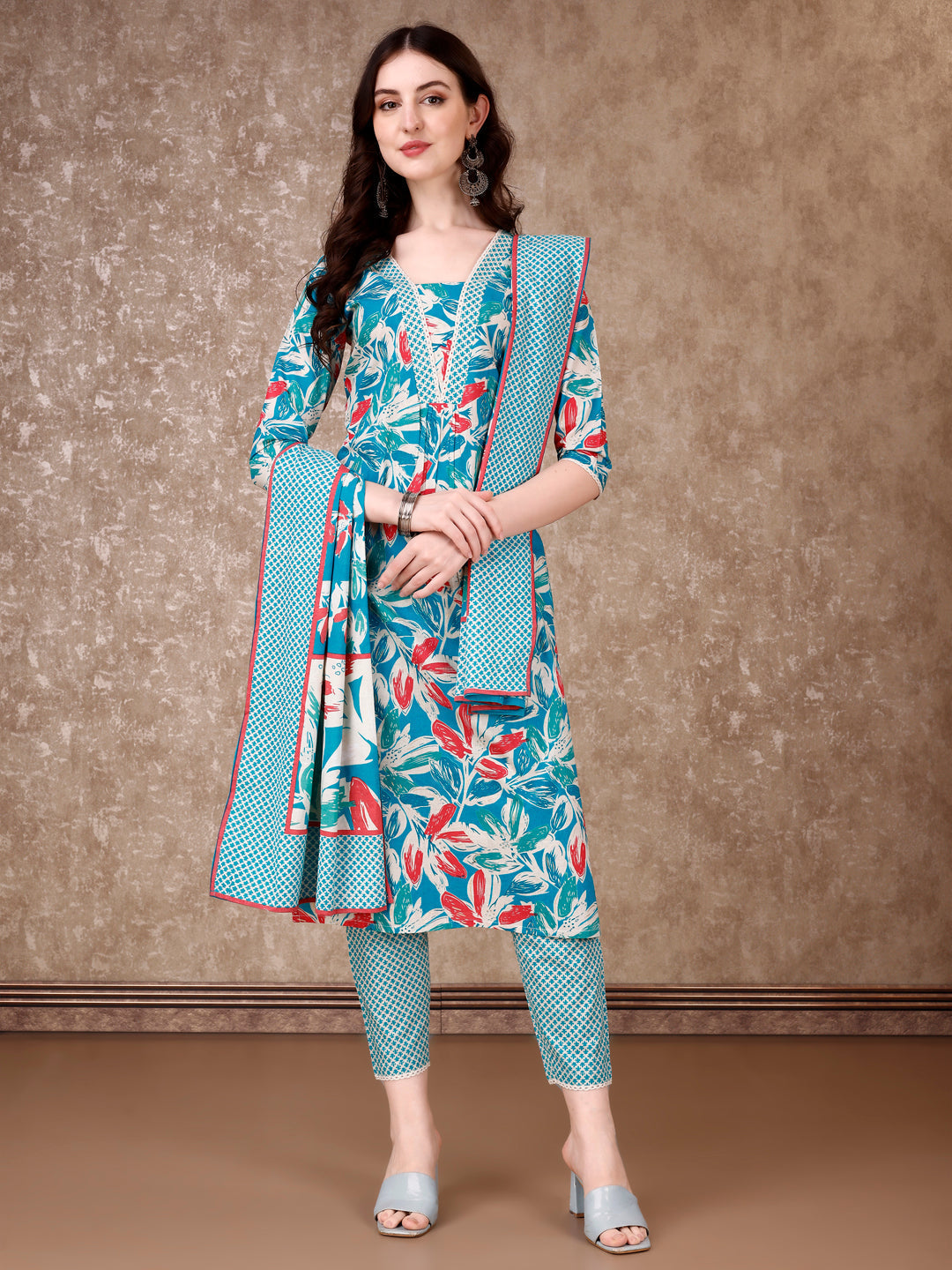 Floral Printed Cotton Kurta With Pant & Dupatta, Blue - Hiral Fashion | Grocsy