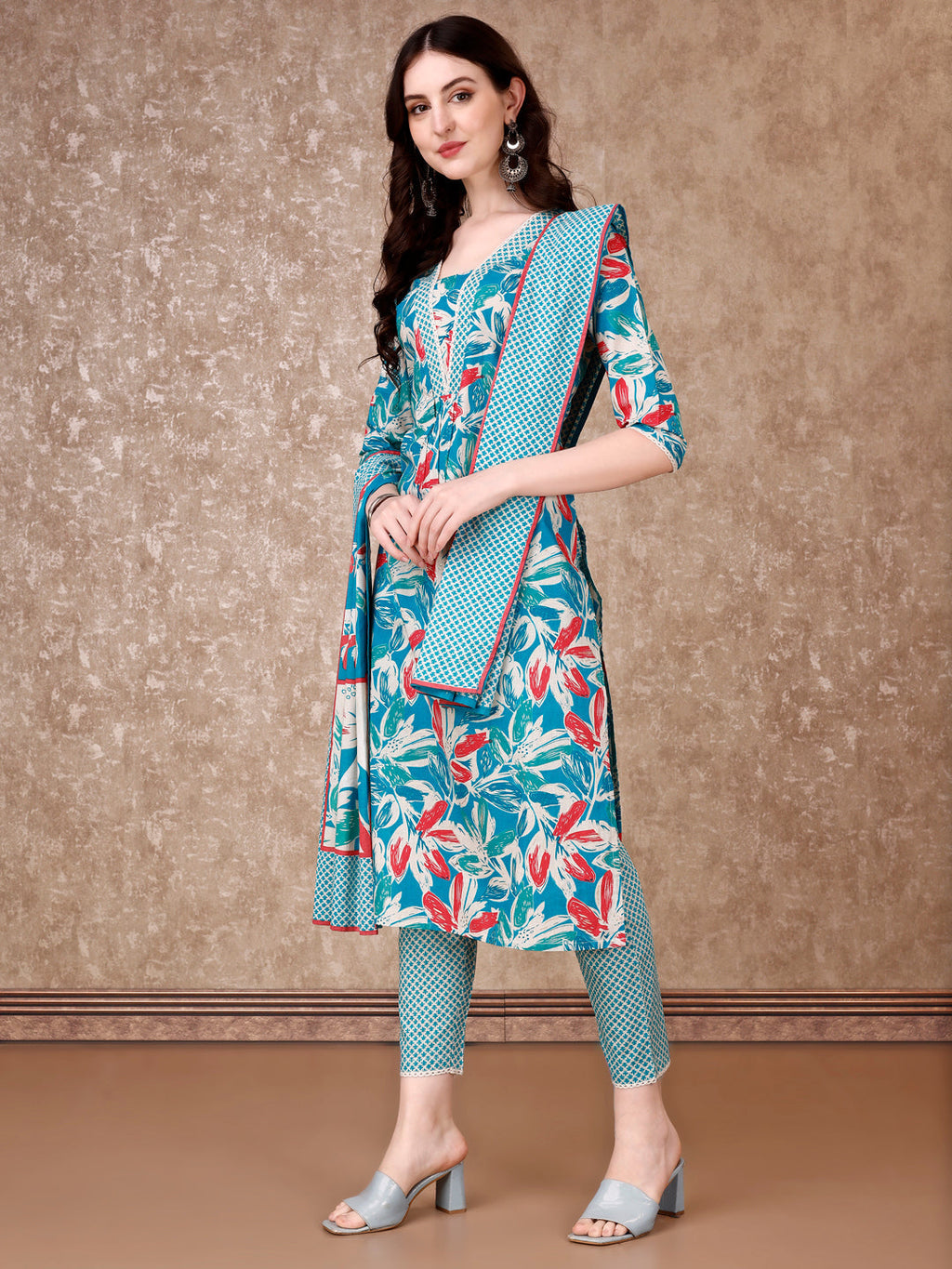 Floral Printed Cotton Kurta With Pant & Dupatta, Blue - Hiral Fashion | Grocsy