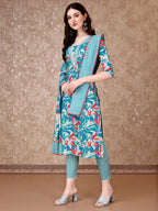 Floral Printed Cotton Kurta With Pant & Dupatta, Blue - Hiral Fashion | Grocsy