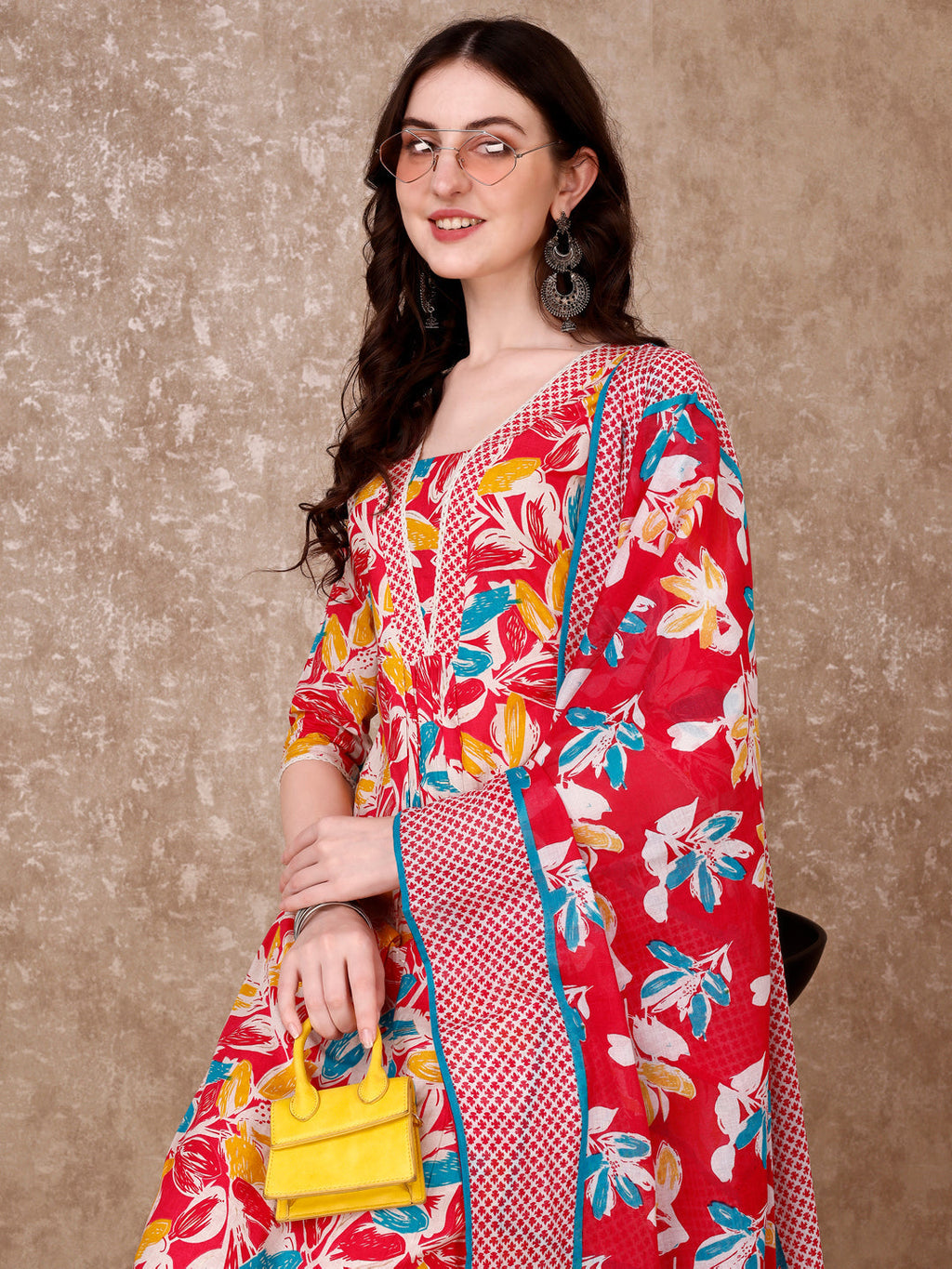 Floral Printed Cotton Kurta With Pant & Dupatta, Pink - Hiral Fashion | Grocsy
