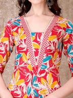 Floral Printed Cotton Kurta With Pant & Dupatta, Pink - Hiral Fashion | Grocsy
