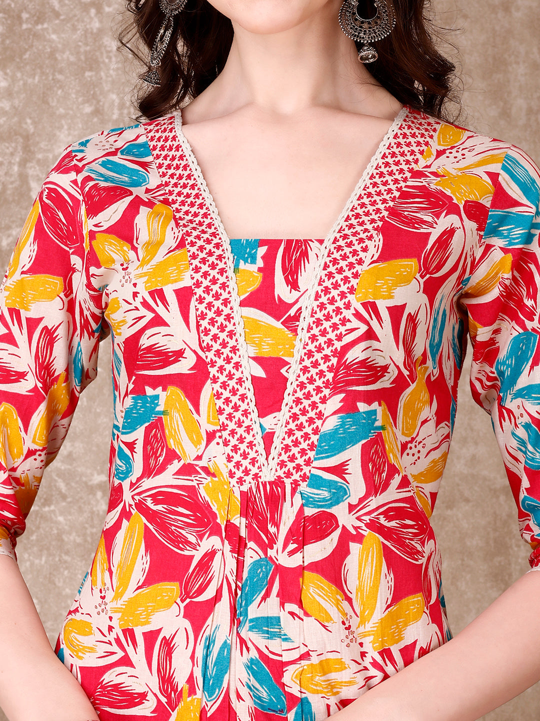 Floral Printed Cotton Kurta With Pant & Dupatta, Pink - Hiral Fashion | Grocsy