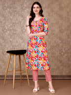 Floral Printed Cotton Kurta With Pant & Dupatta, Pink - Hiral Fashion | Grocsy
