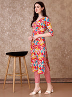 Floral Printed Cotton Kurta With Pant & Dupatta, Pink - Hiral Fashion | Grocsy