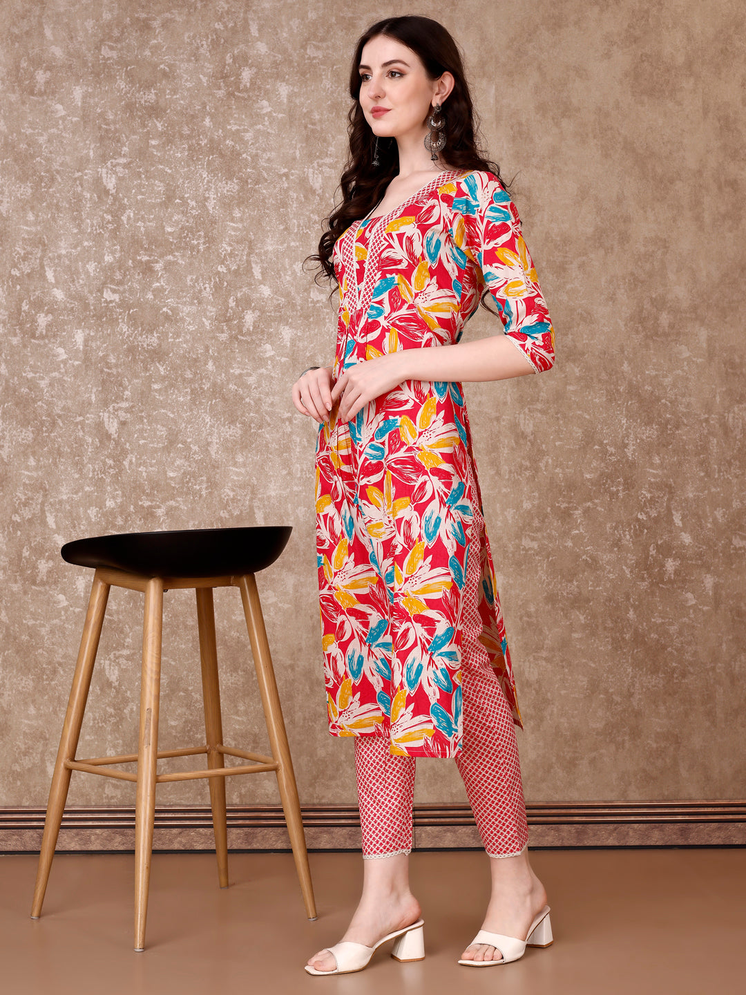Floral Printed Cotton Kurta With Pant & Dupatta, Pink - Hiral Fashion | Grocsy