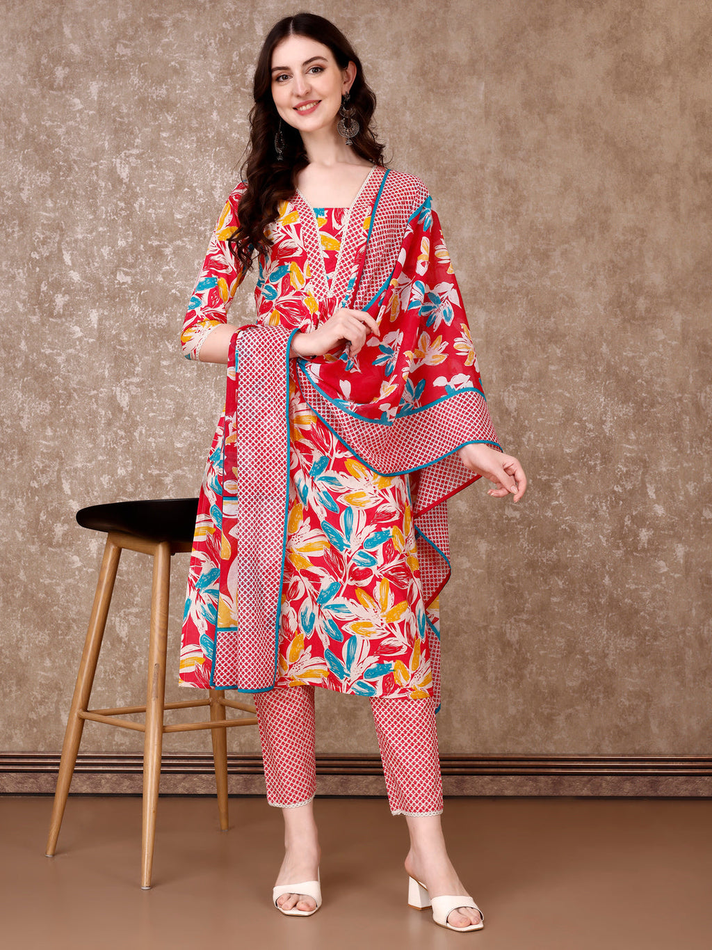 Floral Printed Cotton Kurta With Pant & Dupatta, Pink - Hiral Fashion | Grocsy