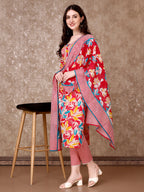 Floral Printed Cotton Kurta With Pant & Dupatta, Pink - Hiral Fashion | Grocsy