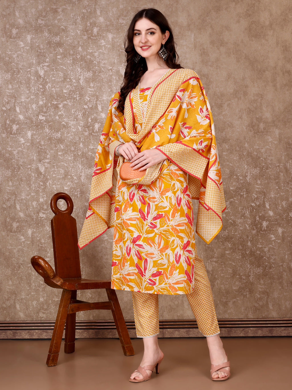 Floral Printed Cotton Kurta With Pant & Dupatta, Yellow - Hiral Fashion | Grocsy