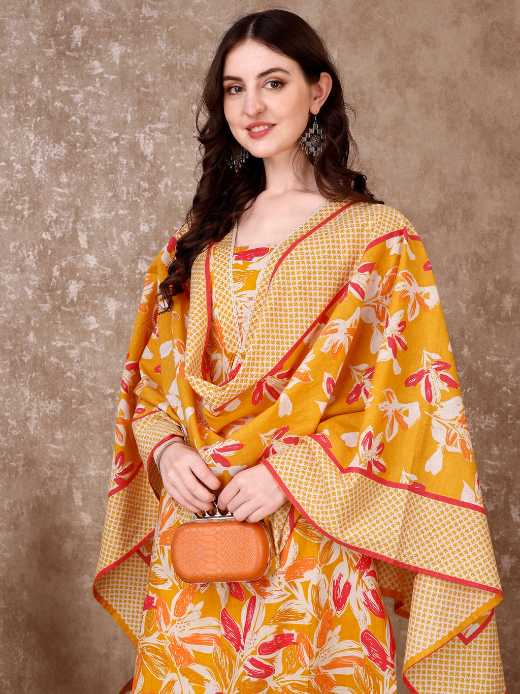Floral Printed Cotton Kurta With Pant & Dupatta, Yellow - Hiral Fashion | Grocsy