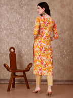 Floral Printed Cotton Kurta With Pant & Dupatta, Yellow - Hiral Fashion | Grocsy