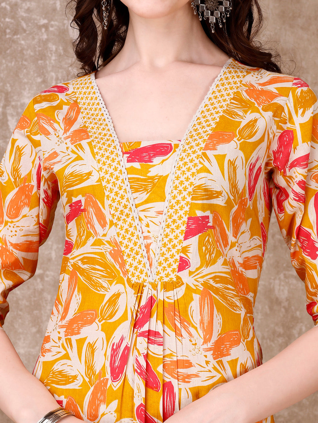 Floral Printed Cotton Kurta With Pant & Dupatta, Yellow - Hiral Fashion | Grocsy