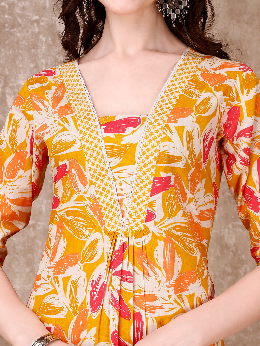 Floral Printed Cotton Kurta With Pant & Dupatta, Yellow - Hiral Fashion | Grocsy
