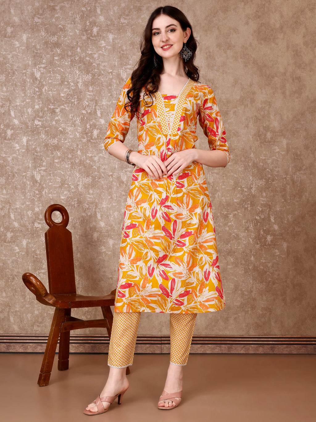 Floral Printed Cotton Kurta With Pant & Dupatta, Yellow - Hiral Fashion | Grocsy