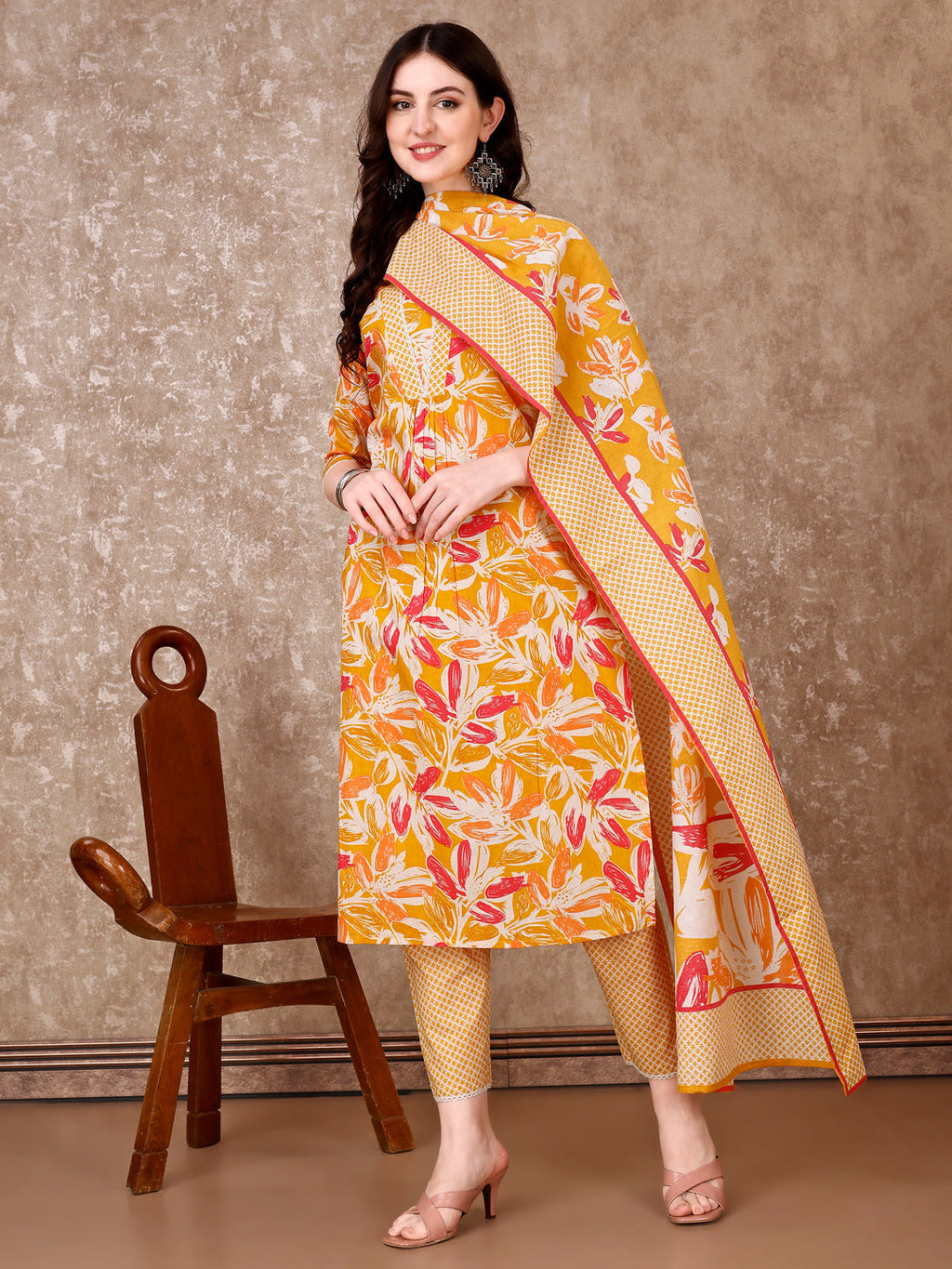 Floral Printed Cotton Kurta With Pant & Dupatta, Yellow - Hiral Fashion | Grocsy
