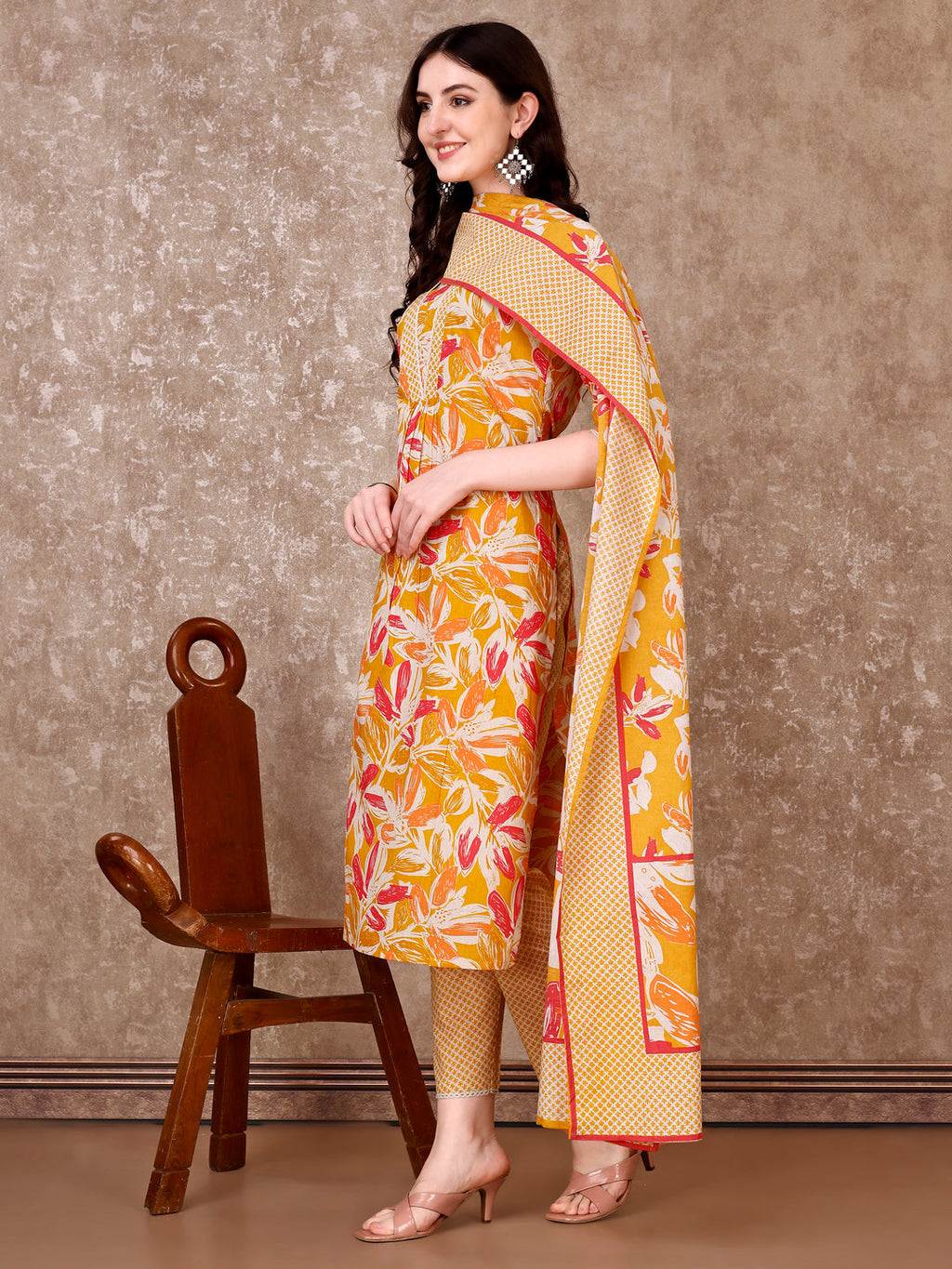 Floral Printed Cotton Kurta With Pant & Dupatta, Yellow - Hiral Fashion | Grocsy