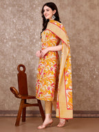 Floral Printed Cotton Kurta With Pant & Dupatta, Yellow - Hiral Fashion | Grocsy