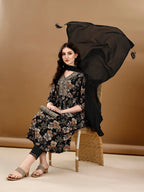 Alia Cut Floral Printed & Embroidered Kurta Suit Set, Black - Hiral Fashion | Grocsy