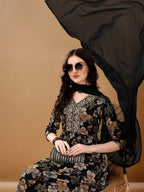 Alia Cut Floral Printed & Embroidered Kurta Suit Set, Black - Hiral Fashion | Grocsy