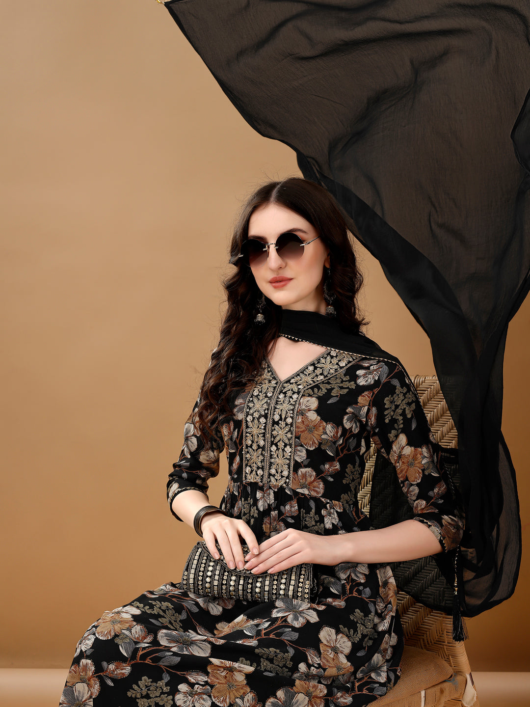 Alia Cut Floral Printed & Embroidered Kurta Suit Set, Black - Hiral Fashion | Grocsy