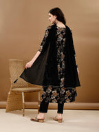 Alia Cut Floral Printed & Embroidered Kurta Suit Set, Black - Hiral Fashion | Grocsy