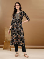 Alia Cut Floral Printed & Embroidered Kurta Suit Set, Black - Hiral Fashion | Grocsy