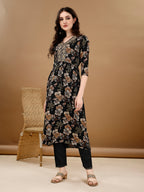 Alia Cut Floral Printed & Embroidered Kurta Suit Set, Black - Hiral Fashion | Grocsy
