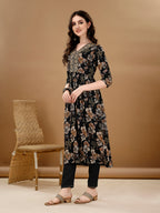 Alia Cut Floral Printed & Embroidered Kurta Suit Set, Black - Hiral Fashion | Grocsy