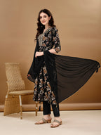 Alia Cut Floral Printed & Embroidered Kurta Suit Set, Black - Hiral Fashion | Grocsy