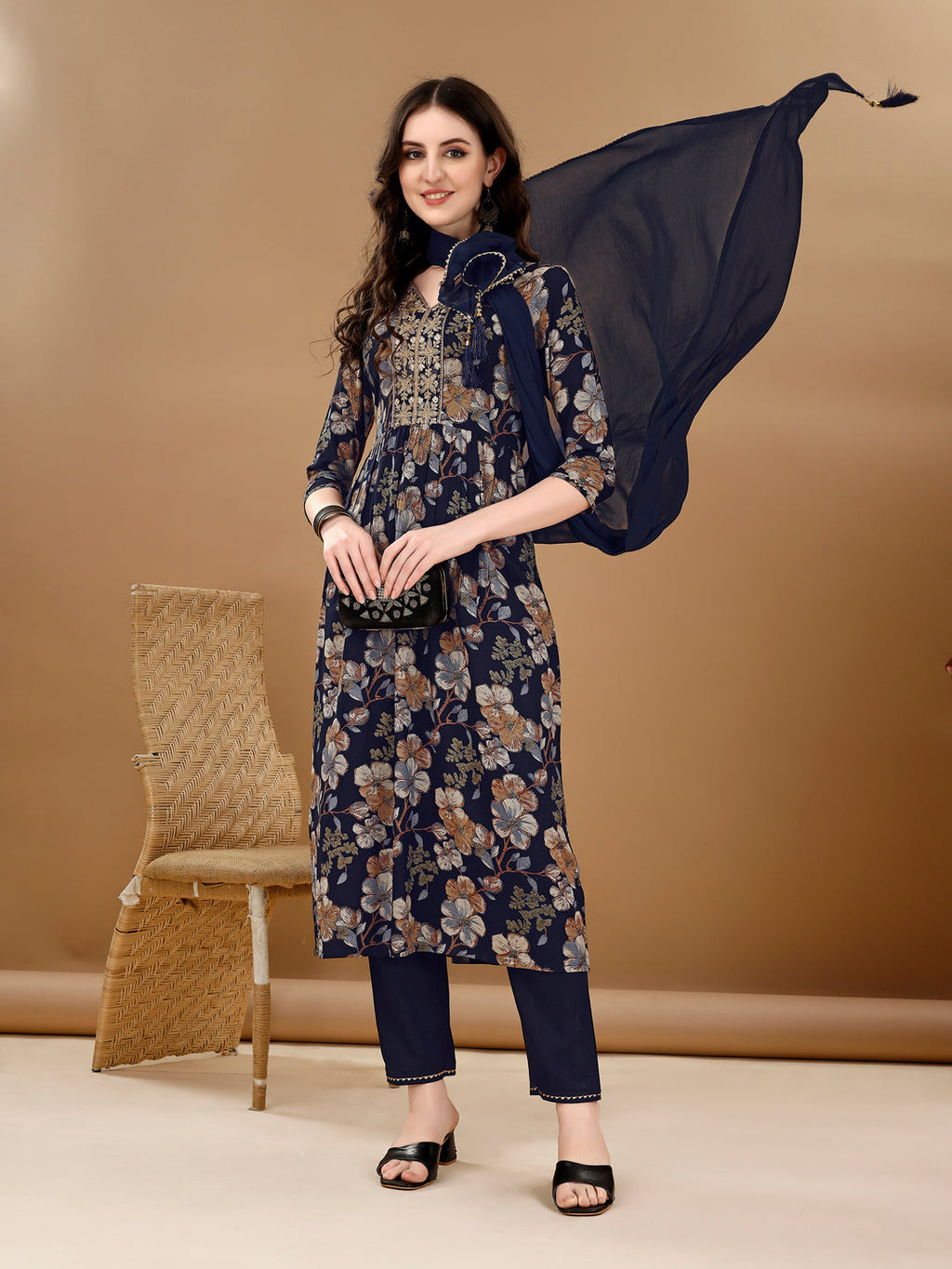 Alia Cut Floral Printed & Embroidered Kurta Suit Set, Navy Blue - Hiral Fashion | Grocsy