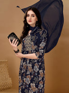 Alia Cut Floral Printed & Embroidered Kurta Suit Set, Navy Blue - Hiral Fashion | Grocsy