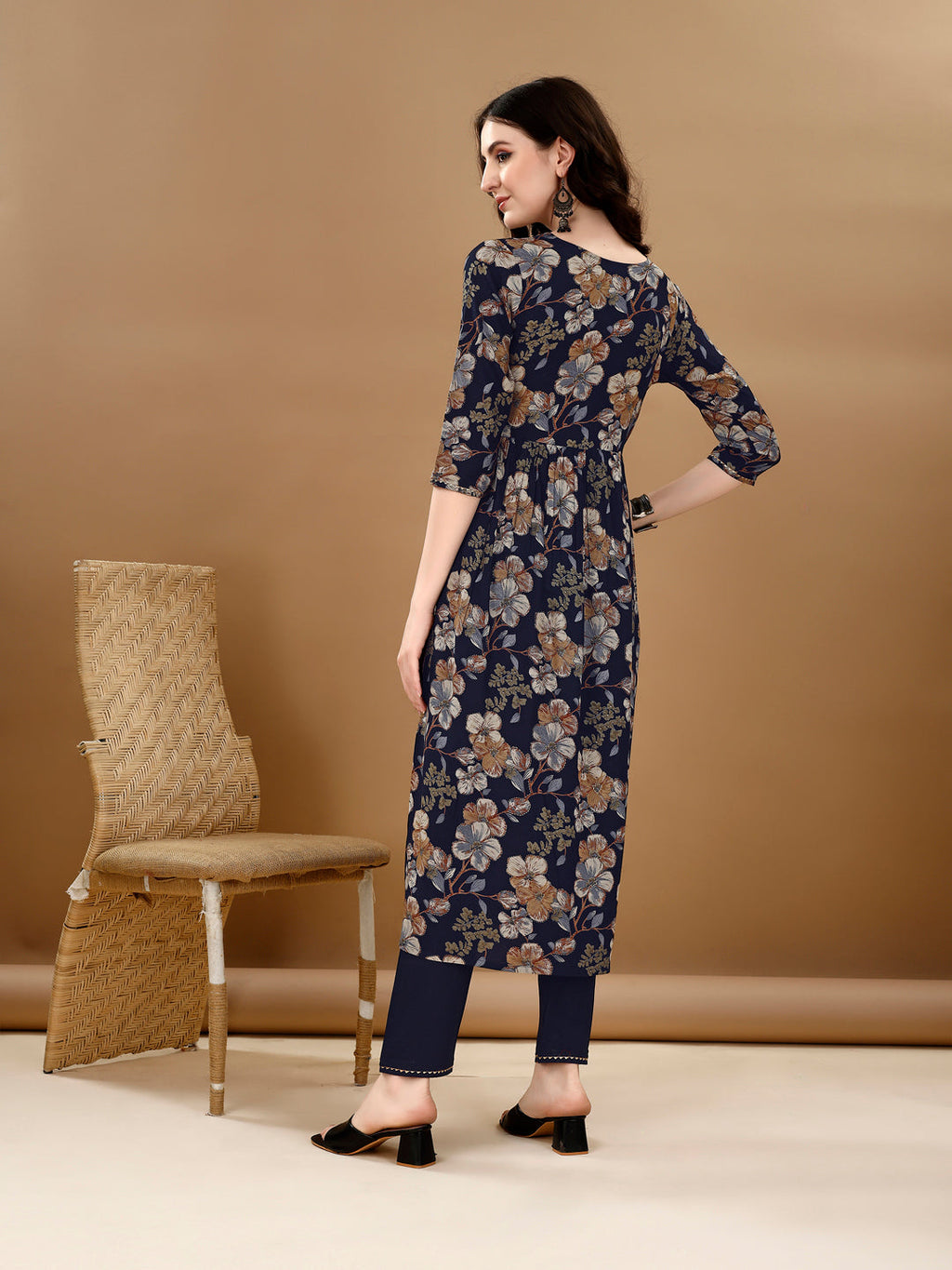 Alia Cut Floral Printed & Embroidered Kurta Suit Set, Navy Blue - Hiral Fashion | Grocsy