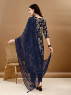 Alia Cut Floral Printed & Embroidered Kurta Suit Set, Navy Blue - Hiral Fashion | Grocsy