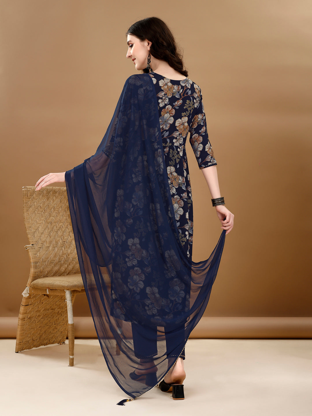 Alia Cut Floral Printed & Embroidered Kurta Suit Set, Navy Blue - Hiral Fashion | Grocsy