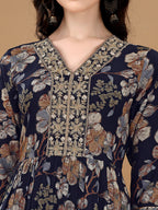 Alia Cut Floral Printed & Embroidered Kurta Suit Set, Navy Blue - Hiral Fashion | Grocsy