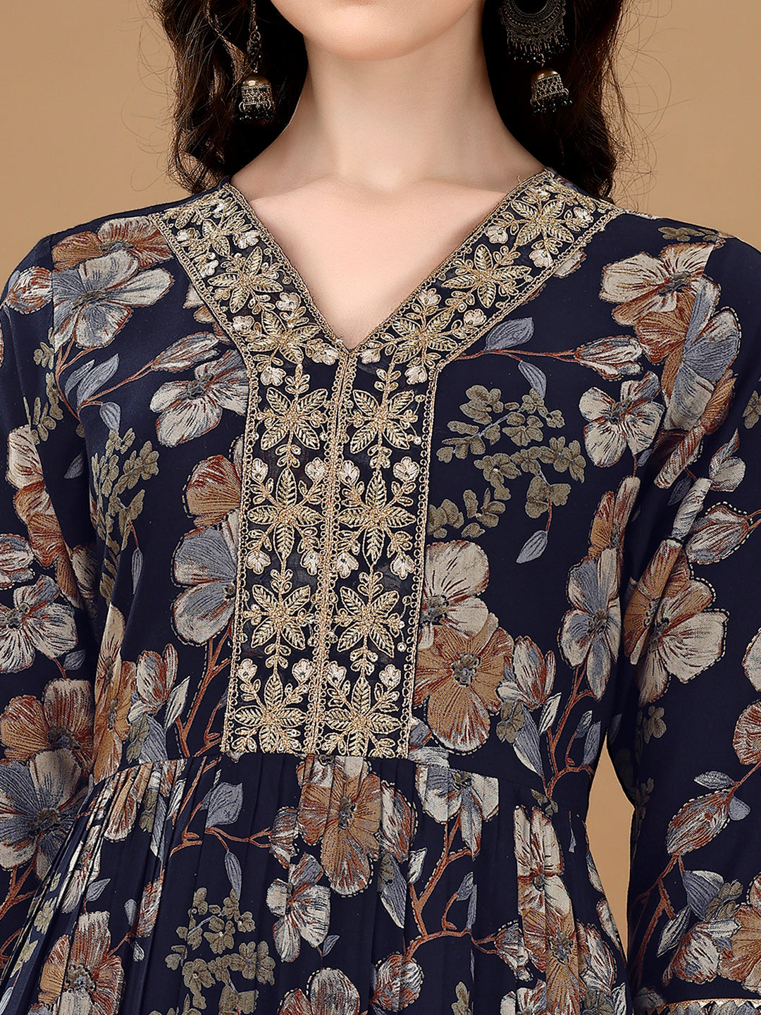 Alia Cut Floral Printed & Embroidered Kurta Suit Set, Navy Blue - Hiral Fashion | Grocsy