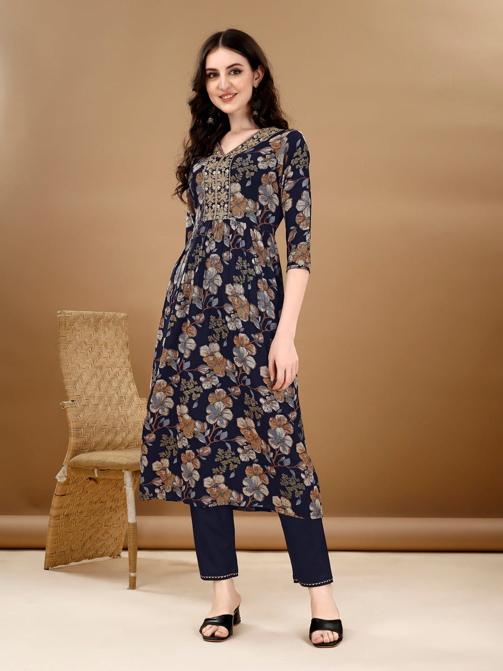 Alia Cut Floral Printed & Embroidered Kurta Suit Set, Navy Blue - Hiral Fashion | Grocsy