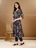 Alia Cut Floral Printed & Embroidered Kurta Suit Set, Navy Blue - Hiral Fashion | Grocsy