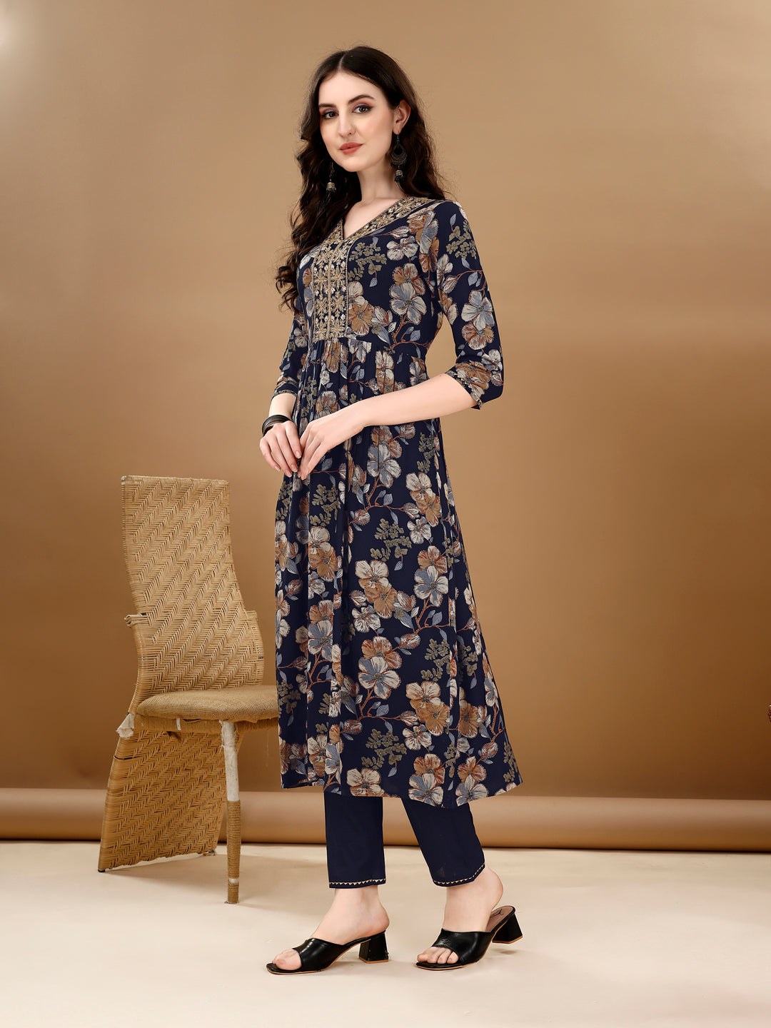 Alia Cut Floral Printed & Embroidered Kurta Suit Set, Navy Blue - Hiral Fashion | Grocsy